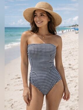 ALEX MARIE Black White Checkmate Gingham Shirred Bandeau One Piece Swimsuit NEW